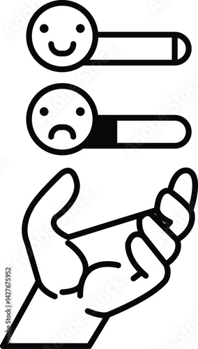 hand is holding a smiley face and a frowning face