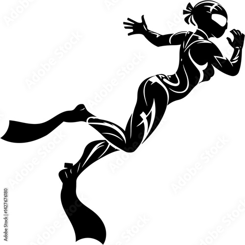 Sketchy engraving emblem of graceful girl freediver in a tight suit in monochrome. Engraving minimalistic vector in black ink drawing on transparent background