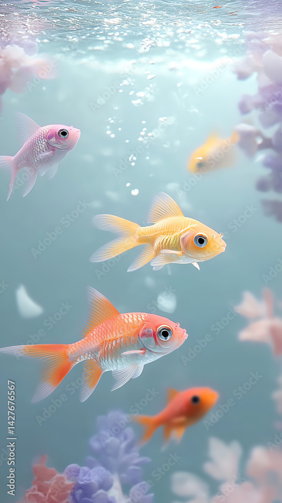 Fototapeta premium A vibrant group of small, colorful fish swims gracefully in minimalist light blue and purple waters, perfect for a stylish mobile wallpaper. Hyper-detailed, high-contrast, and ultra-realistic