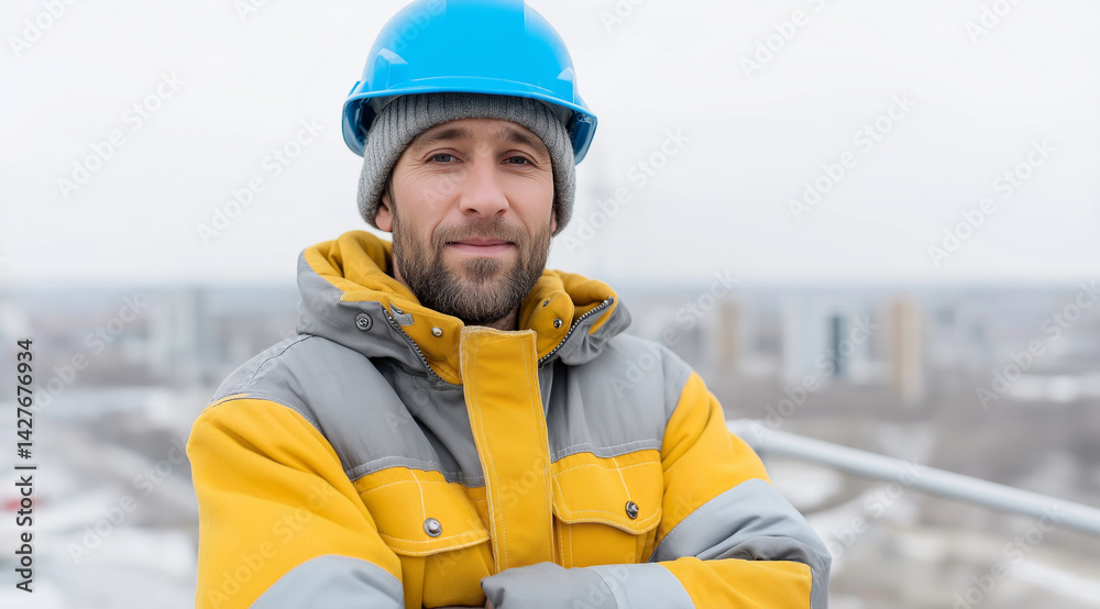 A portrait of a happy, smiling construction worker in his thirties, standing on top with a city view behind him, wearing a yellow and grey work jacket, a blue safety helmet, posing A portrait of a happy, smiling construction worker in his thirties, standing on top with a city view behind him, wearing a yellow and grey work jacket, a blue safety helmet, posing