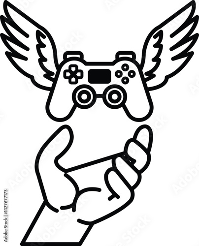 hand holding a controller with wings on top of it