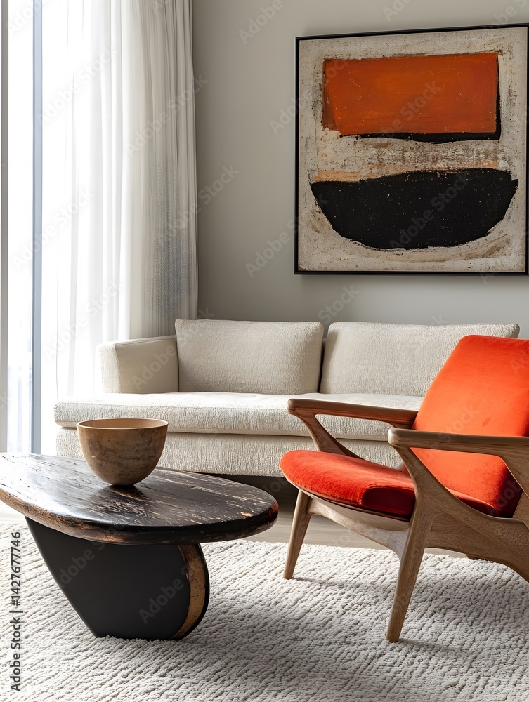 Scandinavian interior design of modern living room with accent red armchair and frame on wall.