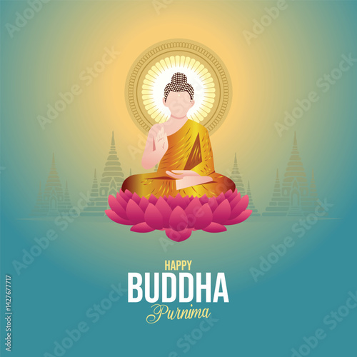 Happy Vesak Day. Buddha Purnima wishes with a peaceful Buddha and lotus illustration ideal for posters, banners, logos, backgrounds, greetings, and abstract print designs