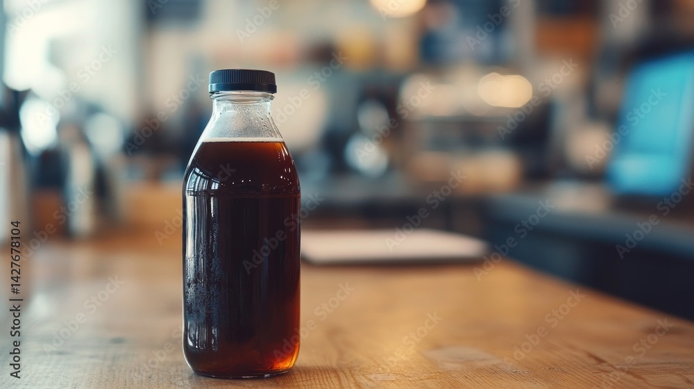 Cold Brew Coffee in Glass Bottle: Rustic Cafe Ambiance Cold Brew Coffee in Glass Bottle: Rustic Cafe Ambiance