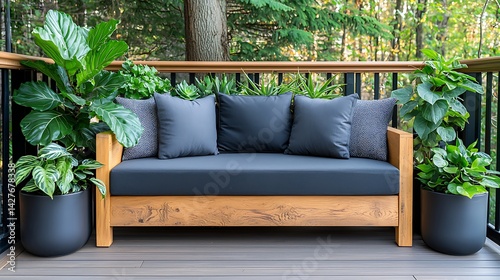 Relaxing outdoor space with cozy seating and lush plants for your home decor photo