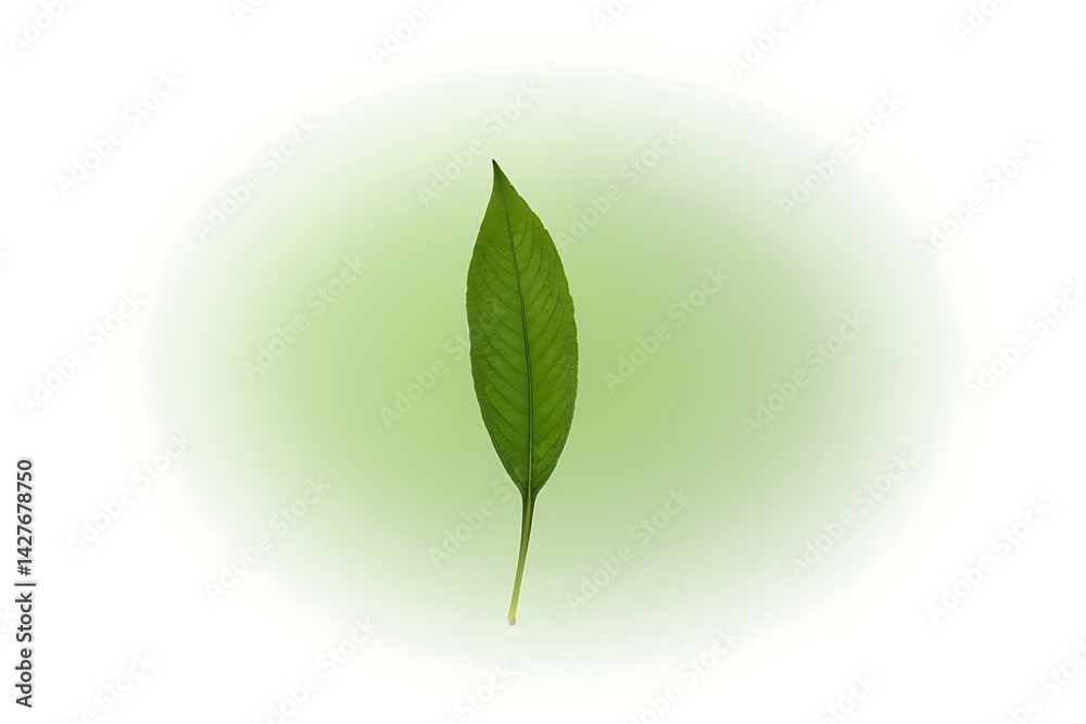 Fototapeta premium Single Green Leaf Against a Soft Green and White Gradient Background (Botanical Nature Image)