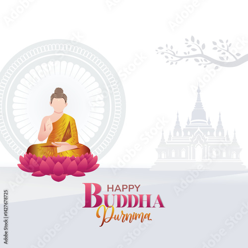 Happy Vesak Day. Buddha Purnima greetings with serene Buddha and lotus artwork on a grey background perfect for posters, banners, logos, prints, and abstract design themes