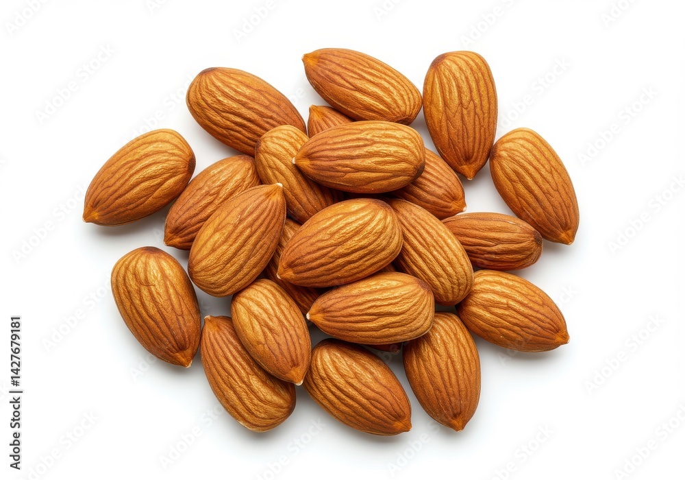 A pile of almonds arranged closely together on a white surface in a studio setting showing detail A pile of almonds arranged closely together on a white surface in a studio setting showing detail