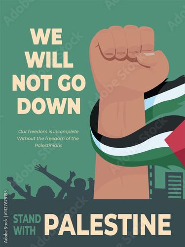 Clenched hand holding Palestine flag and typography on side background. Standing with Palestine design concept background