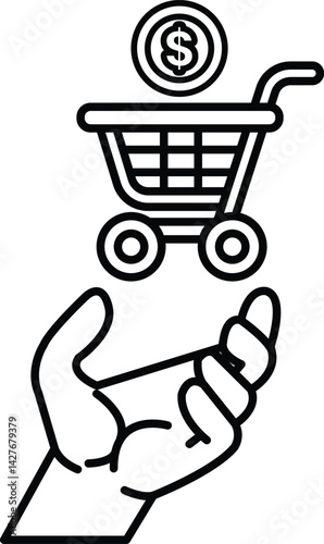 hand holding a shopping cart with a dollar sign on top