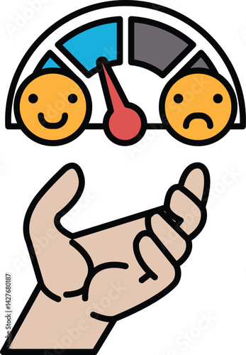 A hand is holding a smiley face and a frowning face