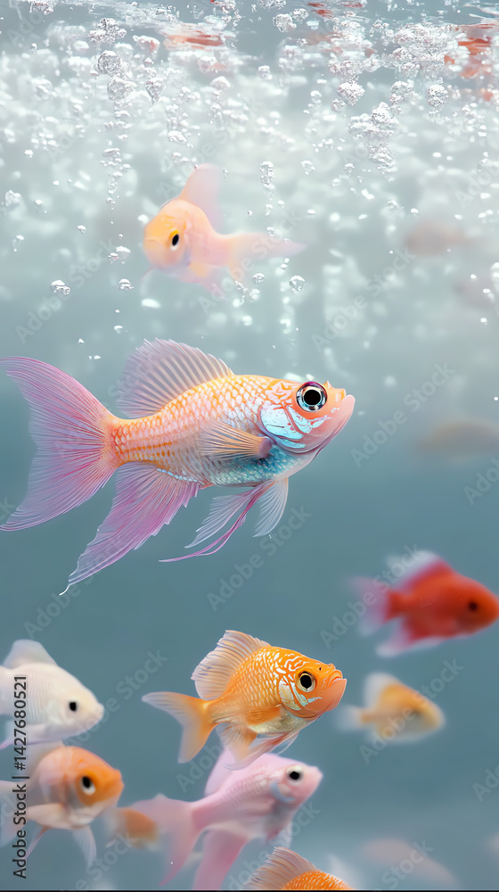 Fototapeta premium A vibrant group of small, colorful fish swims gracefully in minimalist light blue and purple waters, perfect for a stylish mobile wallpaper. Hyper-detailed, high-contrast, and ultra-realistic