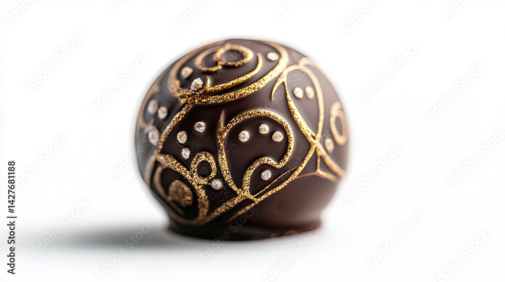 Elegant dark chocolate truffle with gold design delicious sweet treat food rich candy brown black Elegant dark chocolate truffle with gold design delicious sweet treat food rich candy brown black