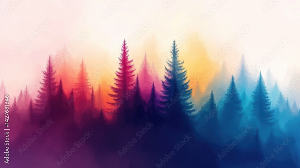 Obraz premium A serene and colorful forest landscape featuring silhouetted trees against a gradient background of soft hues.