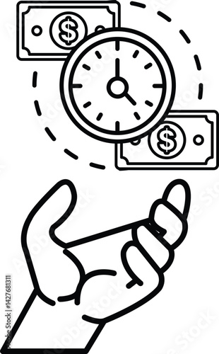 hand holding a stack of money and a clock