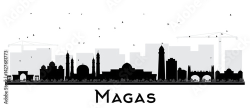 Magas Russia city skyline silhouette with black buildings isolated on white. Magas cityscape with landmarks. Business travel and tourism concept with modern and historic architecture.