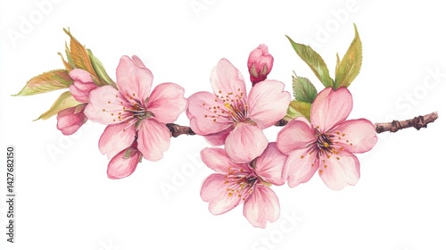 A delicate branch of pink cherry blossoms featuring multiple flowers and green leaves, symbolizing beauty and the arrival of spring.