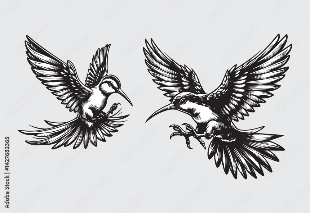 Fototapeta premium Illustration of a pair of Hummingbirds flying with a bird in its beak