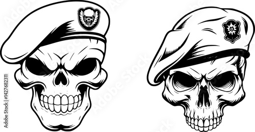 Skull with Beret Vector set– Rangers Lead the Way Military Style Illustration for T-Shirts and Posters – Black Background Tough Army Art Design