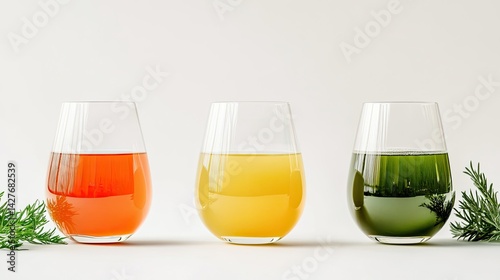 Fruit juices of different color white background ,three glasses of wine isolated on white background 
