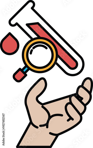 A hand holding a magnifying glass over a blood sample