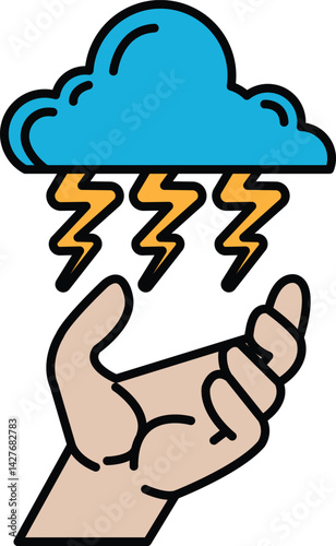 A hand is holding a cloud with lightning bolts