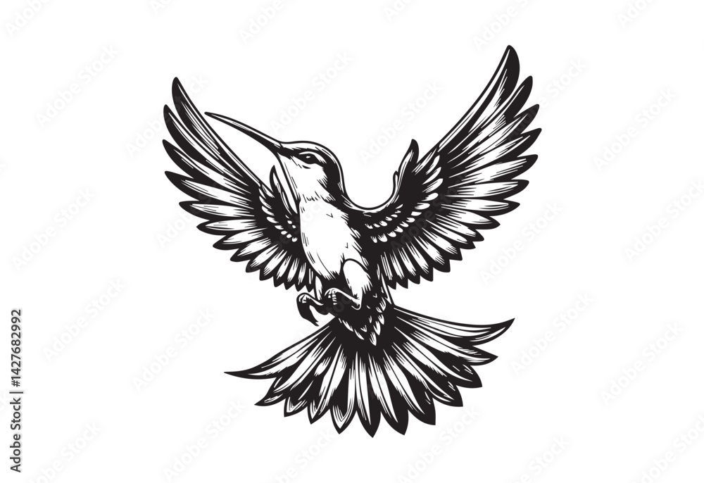 Fototapeta premium Illustration of a hummingbird flying viewed from side on isolated background done in black and white.