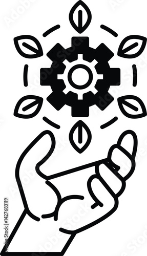 hand holding a gear with green leaves