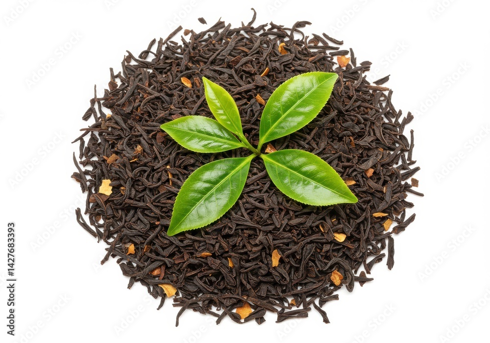 Fototapeta premium A pile of dried black tea leaves with vibrant green leaves on top against a white background view from above