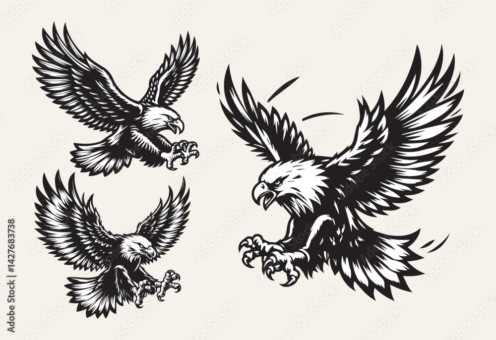 Fototapeta premium Eagle. Set of vector illustrations in black and white colors.