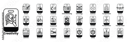 Set of illustrations in the concept of smartphones and business objects in line art style
