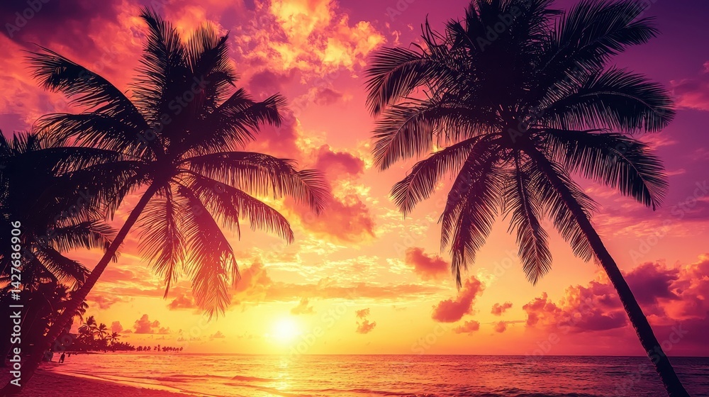 Breathtaking Tropical Island Sunset with Palm Trees and Vibrant Sky Breathtaking Tropical Island Sunset with Palm Trees and Vibrant Sky