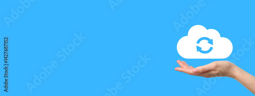 Hand presents a cloud icon symbolizing data synchronization and storage solutions