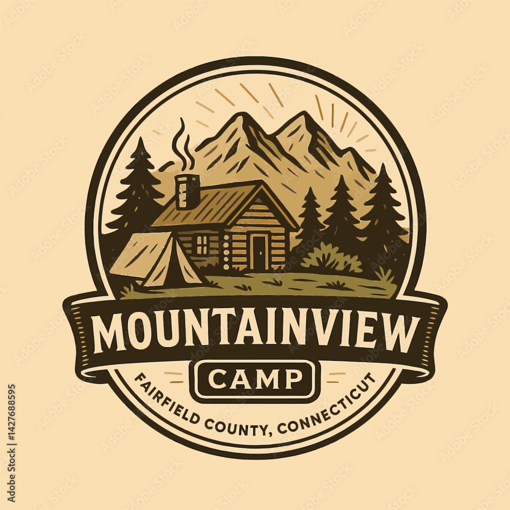 Obraz premium Cabin and Tent Camping in the Mountains Badge Retro Design