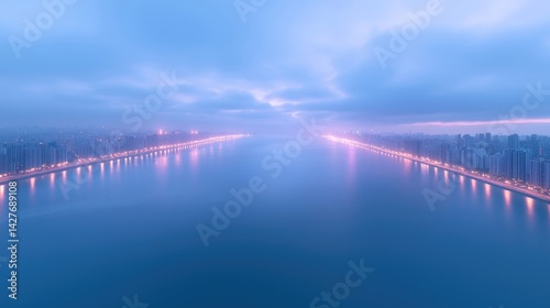 Wallpaper Mural Misty city waterfront at dawn.  Coastal skyline reflecting in tranquil waters.  Early morning light Torontodigital.ca