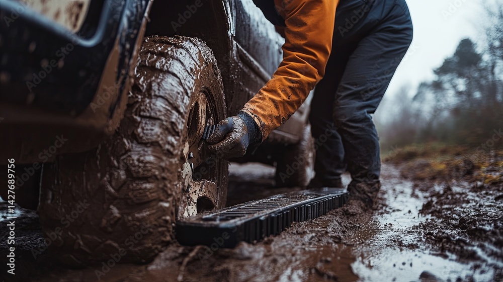 man adjusting traction boards on side of muddy SUV, cloudy day . man adjusting traction boards on side of muddy SUV, cloudy day .