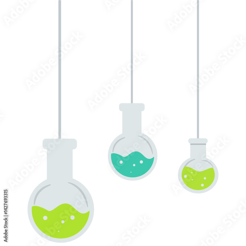 Cute smiling chemistry flasks and test tubes hanging with bubbles, ideal for science-themed designs, classroom posters, or educational content with a playful twist.