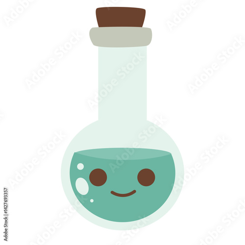 Cute smiling chemistry flasks and test tubes hanging with bubbles, ideal for science-themed designs, classroom posters, or educational content with a playful twist.