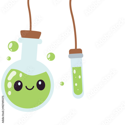 Cute smiling chemistry flasks and test tubes hanging with bubbles, ideal for science-themed designs, classroom posters, or educational content with a playful twist.