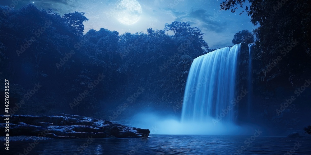 Fototapeta premium A breathtaking azure waterfall illuminated by soft moonlight in a tranquil nighttime landscape.