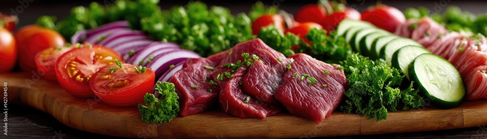 Panorama of fresh pet food in raw and uncooked concept. Freshly sliced vegetables and meat arranged on a wooden board. Panorama of fresh pet food in raw and uncooked concept. Freshly sliced vegetables and meat arranged on a wooden board.