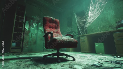 A crimson office chair with cobwebs and dust, standing in an office with an eerie, greenish glow