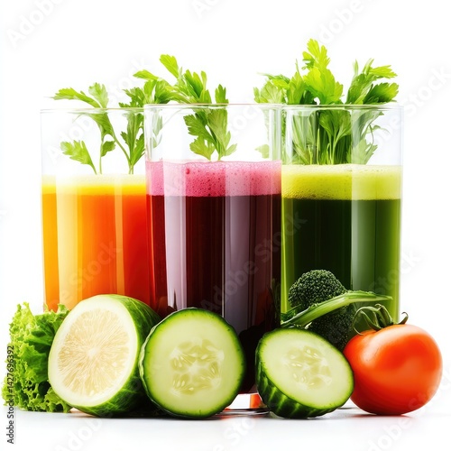 Glasses with fresh organic vegetable and fruit juices ,Glasses with fresh organic vegetable and fruit juices isolated on white background 