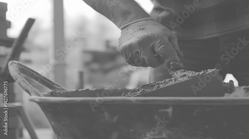 Construction Worker Mixing Cement in a Wheelbarrow photo