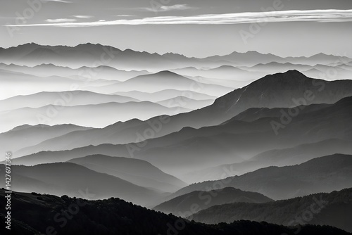 Monochromatic Mountain Landscape with Misty Layered Peaks and Minimalist Black and White Design


