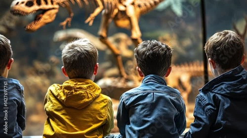 Two boys viewing a dinosaur skeleton at a museum