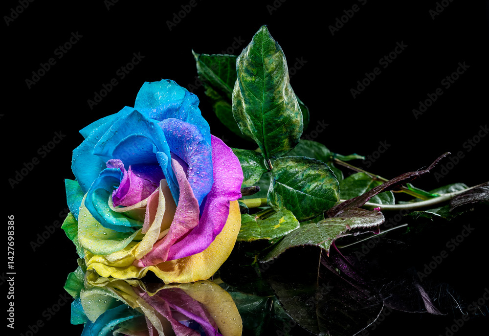 Rainbow Rose with Dewdrops on Black Background