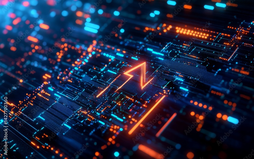 Abstract Circuit Board with Upward Arrow, Data Flow, Futuristic Technology Background Abstract Circuit Board with Upward Arrow, Data Flow, Futuristic Technology Background