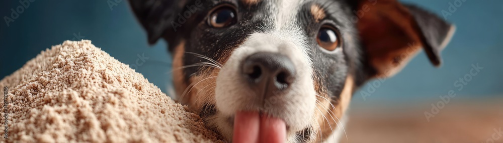 Hungry dog in dry foods mound craving nourishment concept. A playful dog enjoying its surroundings with a happy demeanor.
