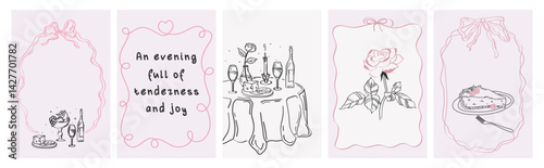 Set of vintage posters,postcards, invitations. Romantic Dinner Invitation. An evening full of tenderness and joy.Hand drawn sketches of a rose, a set table, a piece of cake for invitations
